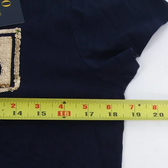 NWT Polo Ralph Lauren Gold Sequin POLO Logo Womens Navy Cotton T-Shirt, Small - Picture 9 of 10